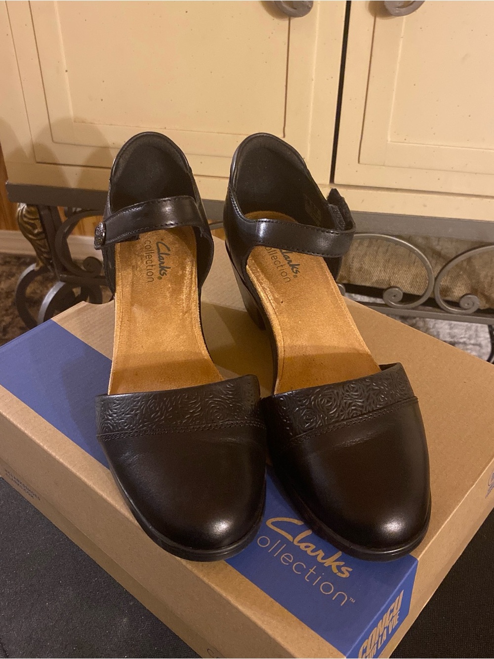 Clarks Black Leather Mary Jane Heels with Embossed Toe